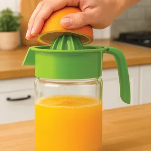 22 Oz Citrus Juicer Pitcher | Manual Fruit Juice Extractor with Built-In Pitcher | Easy Screw-On Glass Jar