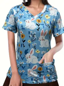 Adorable Rabbit Print V-Neck Shirt Blouse, Perfect for Outdoor Beach Activities, Casual Loose-Fitting Top for All Seasons, Stylish and Comfortable