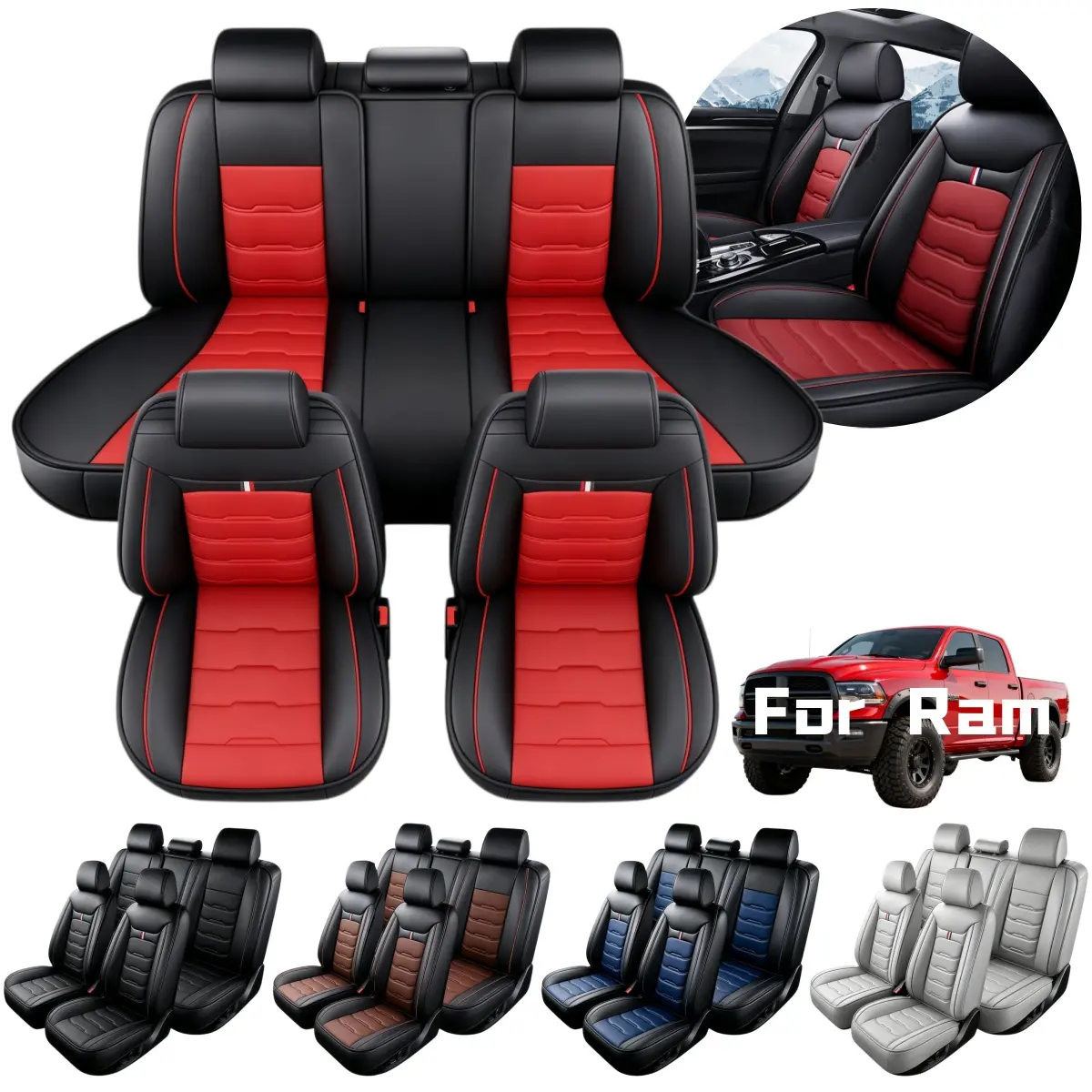 For Dodge Ram 1500 2500 3500 2009- 2022 2023 Luxurious Car 5 Seat Covers Full Set with Storage Bag, Napa Leather Car Front Rear Seats Protector Waterproof Breathable Cushion Pad Mat, Carseat Cover Vehicle Auto Interior Decoration Accessories