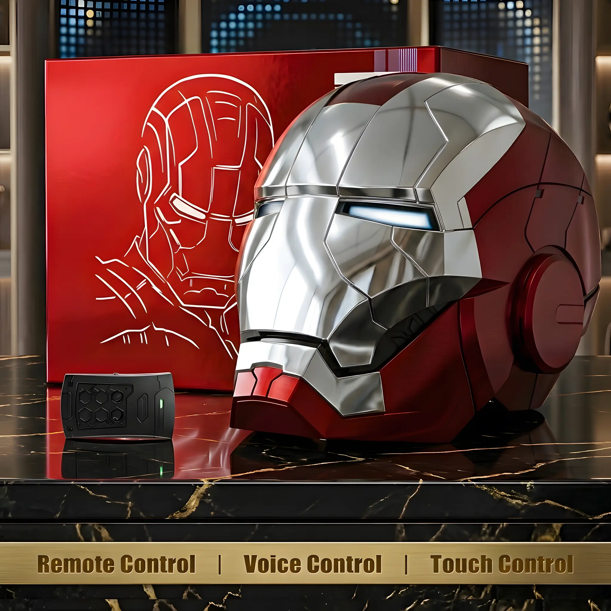 Iron Man MK5 / Mark V 1:1 Electronic Helmet, Adult ABS Cosplay Collectible with Motorized Faceplate, Voice, Remote & Touch Control, LED Eyes