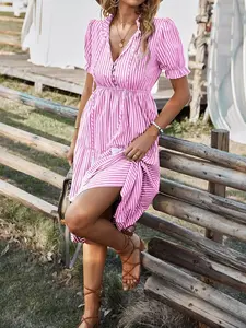 Striped Print Puff Sleeve Ruffle Hem Dress