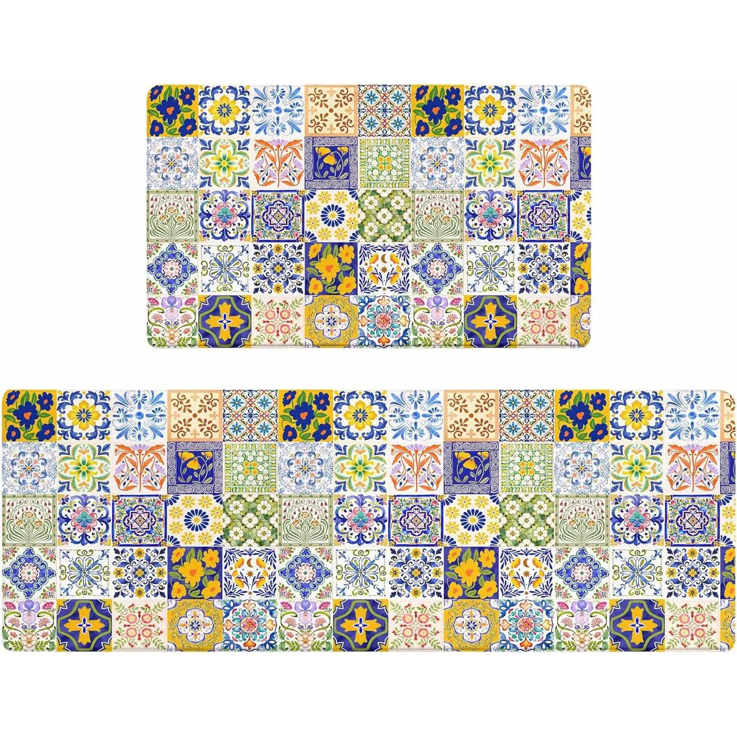 Rexful 2-Piece Indoor Mediterranean Tile Kitchen Rug Runner & Mat Set, Anti-Fatigue PVC Waterproof Non-Slip Washable Floor Mats, Blue-Yellow Floral Geometric Kitchen Decor (Blue, 47in×17.3in+29in×17.3in), Durable