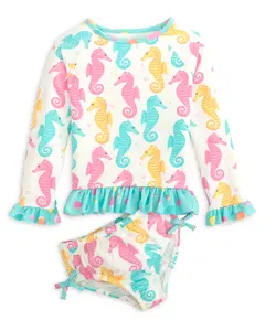 Seahorse Print Rash Guard Long Sleeve Girls' Swim Suit Set