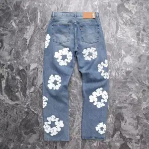 Embroidered Kapok Loose Straight Leg Casual Men's and Women's Jeans, Fashion Couple Pants Menswear TrouserExercise111ZestMove Store Floral Matching