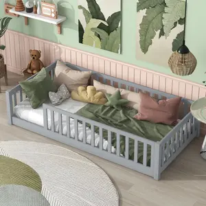 Twin Size Floor Bed with Fence without Door, Rubber Wood Platform Floor Bed with Safety Guardrails and Slats