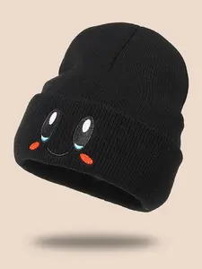 Autumn Winter Essential Warm Pom-Pom Hat, Cute Big Eye Smiley Embroidery, Unisex Design for Men & Women, Cozy Beanie Cap