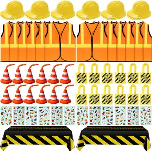 62 pcs construction birthday party supplies set kids construction dress up set including vest hat tote bag tablecloth traffic cone cups and stickers for themed birthday dress up party decor