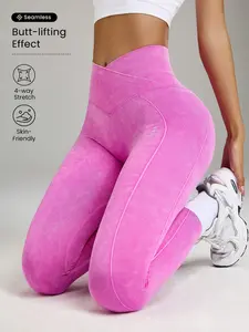 Women's High Waist Seamless Butt Lifting Yoga Pants, Water Washed Vintage High Stretch Tight Fit Fitness Pants, High Waist Abdominal Control Sportswear, Seamless Sculpt High Waisted Leggings