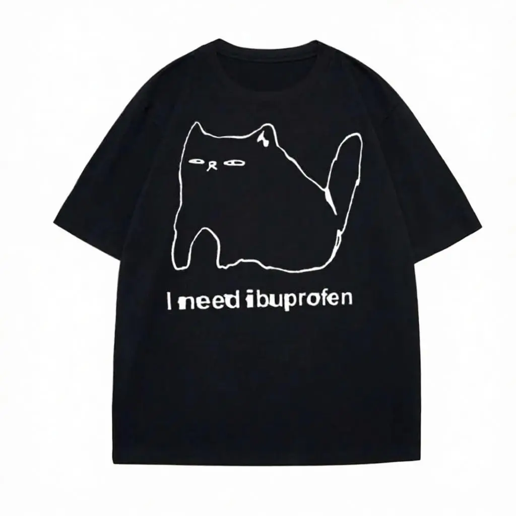 I Need Ibuprofen Sleepy Line Art Cat Graphic Black Crew Neck T-Shirt Meme Relatable Headache Humor Casual Tee (No Box Included)