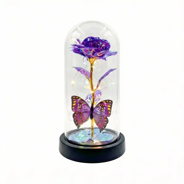 Light-Up Preserved Rose with Butterfly, Glass Dome Decorative Eternal Flower for Home Decor Led Lit room decorations