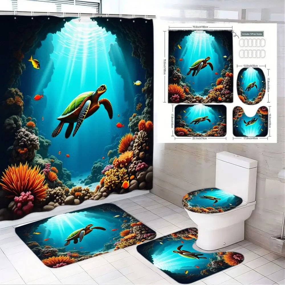 1/4pcs Underwater Cave Sea Turtle Coral Decorative Shower Curtain Set - Bathroom Decor, Bathroom Decor And Accessories, with 2 Matching Bath Mats & Toilet Seat Cover