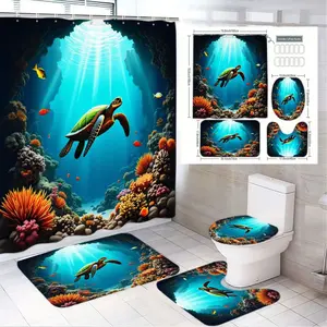 1/4pcs Vibrant Underwater Cave Sea Turtle Coral Shower Curtain Set - Bathroom Decor with 2 Matching Bath Mats & Toilet Seat Cover, White Floor Tiles - Perfect for Beach Theme Coastal Bathroom, Housewarming Gift, Summer Decor