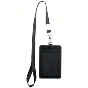 1 Badge Holder With Detachable Lanyard Vertical PU Leather ID Badge Holder With 1 Clear ID Window And 1 Card Slot For Work School Metro And Access Cards Black