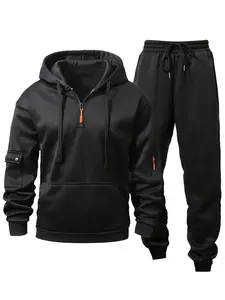 Men's Hooded Sweatsuit Matching Set with Zipper, Regular Fit, Long Sleeve, Pocket Design, Colorblock Style, Casual Sports Wear, Athleisure Wear Set