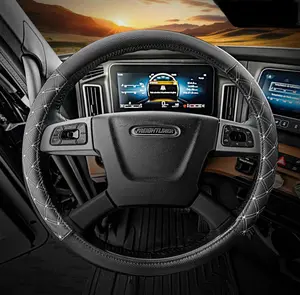 18" Truck Semi Steering Wheel Cover / Black Faux Leather / Grey Accent Stitching