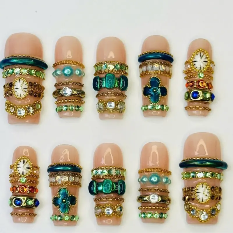 Luxury Gem Ring Press On Nails 3D Emerald Gold Jewelry Nail Art Almond Shape Handmade Statement Nails Glam Crystal Chain Design Elegant Gift for Her