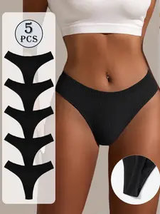 5pcs Women's Sexy High Elasticity Seamless Thong Panties Soft Solid Color Low Waist Underwear Minimalist Basic Lingerie Fit Everyday Knit