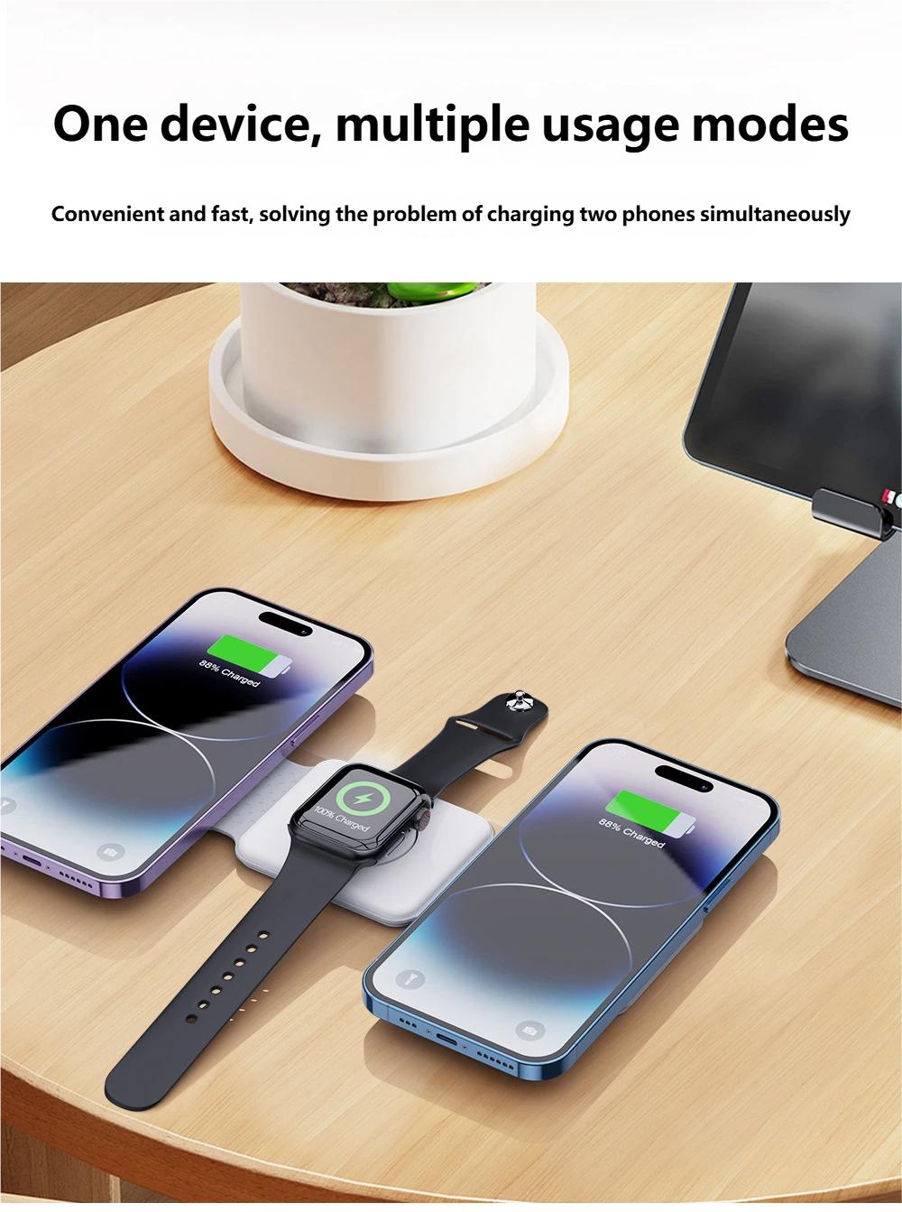 Charging Station for Apple Multiple Devices - 3 in 1 Foldable Magnetic Wireless Charger Dock - Travel Charging Pad for iPhone 16 15 14 13 12 Pro Max Plus Watch & Airpods