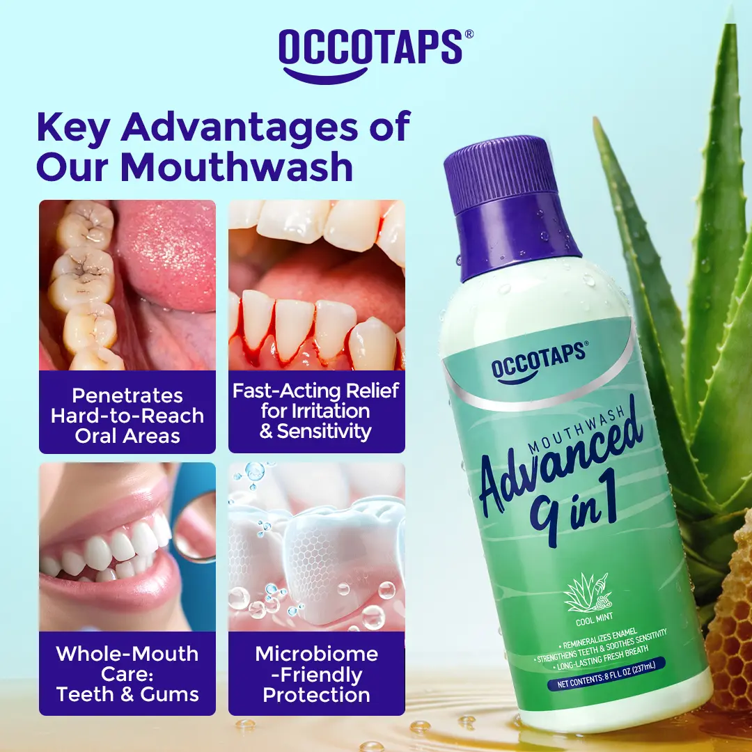 Occotaps Stain Whitening Mouthwash for Teeth Whitening + Fresh Breath with Essential Oils 237ml | Nano-Hydroxyapatite, Agave, Clove & Propolis Extract | Alcohol-Free, Fluoride-Free, Natural Organic Mouth Rinse