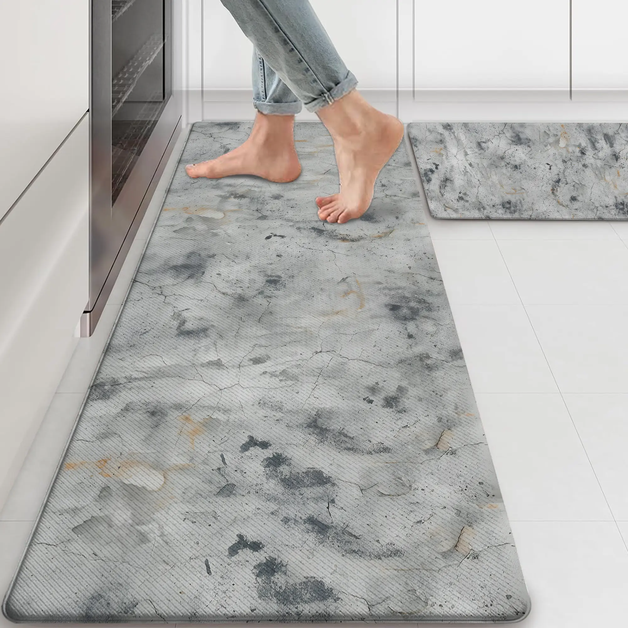 Gray Concrete Marble Anti Fatigue Kitchen Mats for Floor Set of 2, Cushioned Non Slip Waterproof Memory Foam Kitchen Rugs for Sink, Laundry Room and Office