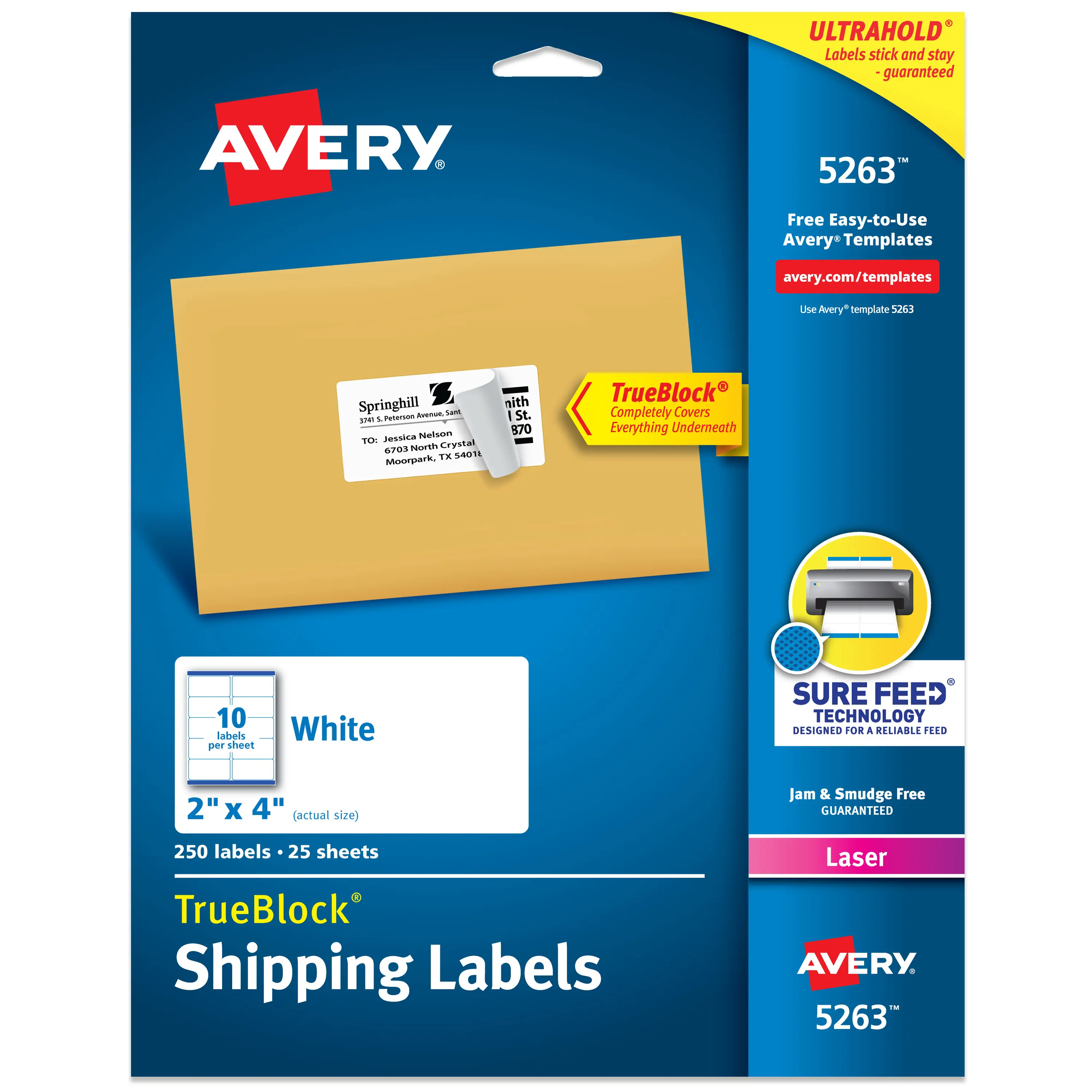 Avery Printable Shipping Labels with Sure Feed, 2" x 4" Customizable Stickers, White, 250 Blank Mailing Labels (5263), Adhesive, Permanently Attached Labels & Stickers