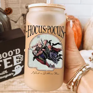 Witches Vintage Glass Cup With lid and Straw, Halloween Glass Tumbler with Bamboo Lid, Witch 16oz Cold Beer Glass with Lid