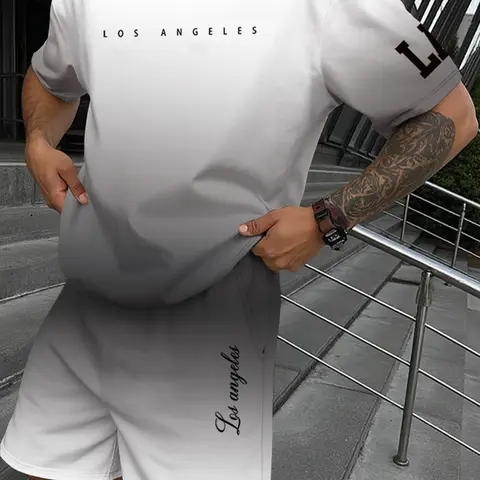 Two-Piece Set Men's Regular Fit Letter Print Short Sleeve Tee & Fade Print Shorts, Casual Round Neck T-shirt & Track Shorts, Men's Clothing for Outdoor Wear Menswear Top Shorts Set