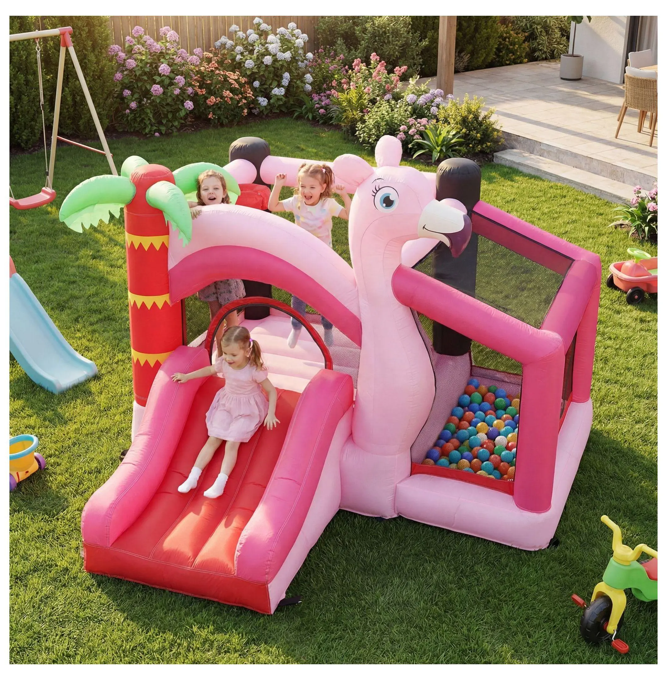 Inflatable Bounce House with Ball Pool & Basketball Hoop - Pink Bouncy Castle for Kids, Indoor/Outdoor Jumping Castle with Blower Default Title