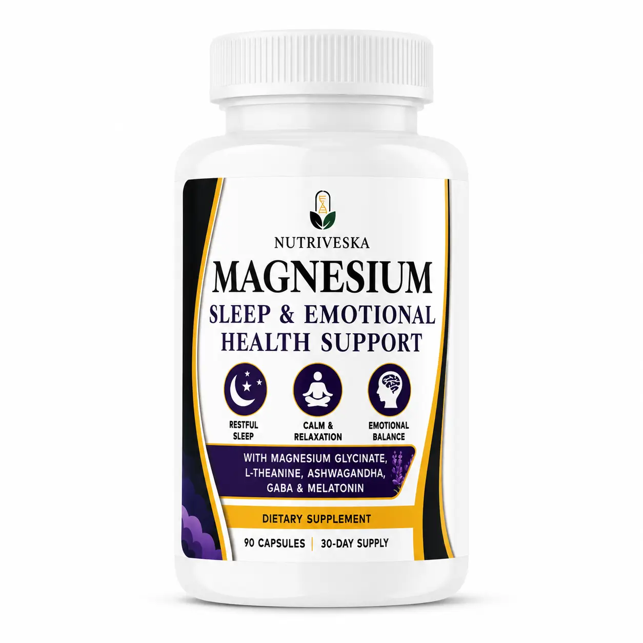Nutriveska Magnesium Glycinate Dietary Supplement Capsules (90 Count) - 105 mg Magnesium, 200 mg L-Theanine, Botanical Extracts, Emotional Management Sleep Supplements for Adults with Ashwagandha, GABA, Melatonin, Vitamin B6 - Note: May Cause Drowsiness
