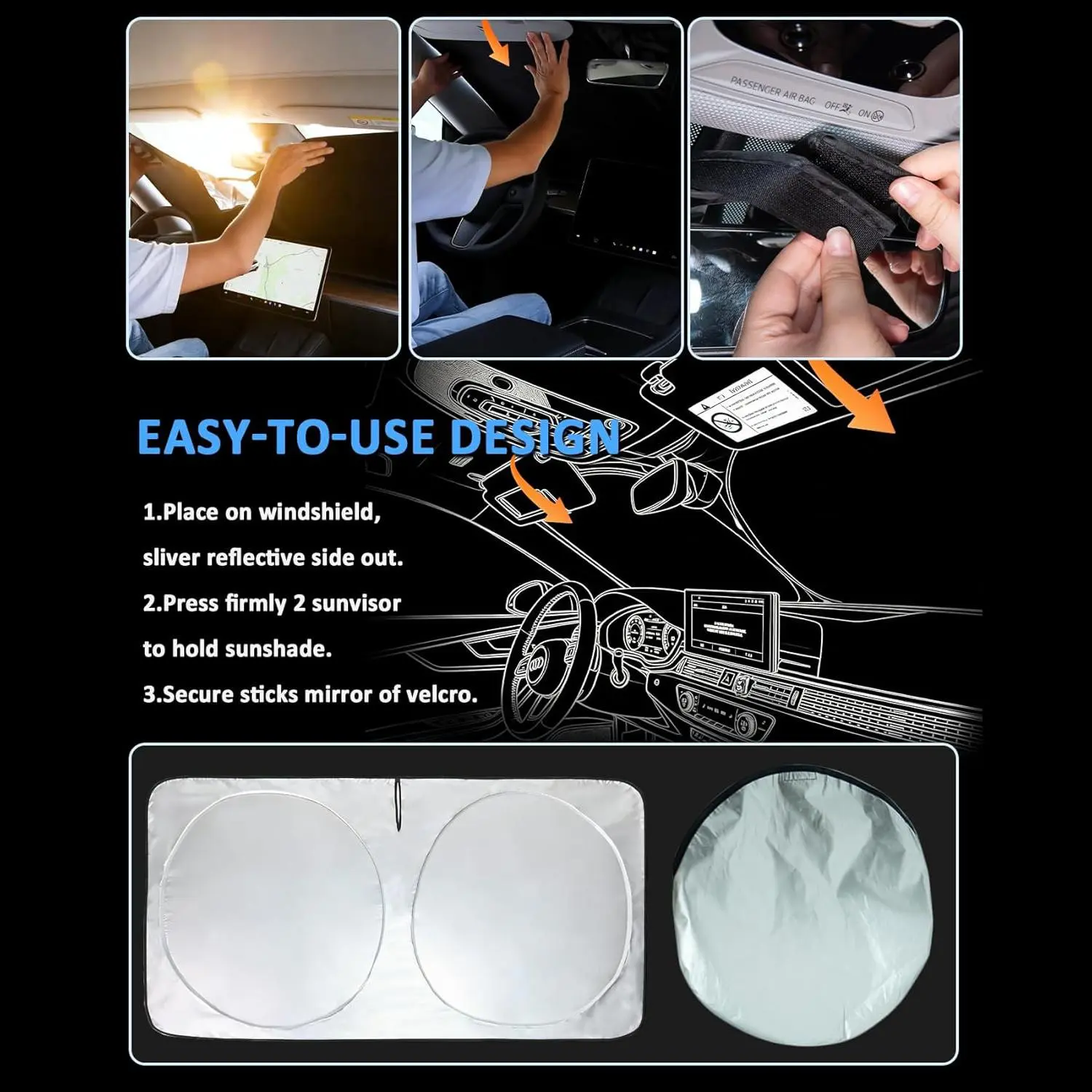 Front Windshield Sun Shade for 2013-2019 Ford Escape, Car Sunshades for Windshield, Reflective Sun Protection, UV Filtering, Detachable Rollable Window Covers, Heat Insulation, Privacy Shield, Vehicle Cooling Aid
