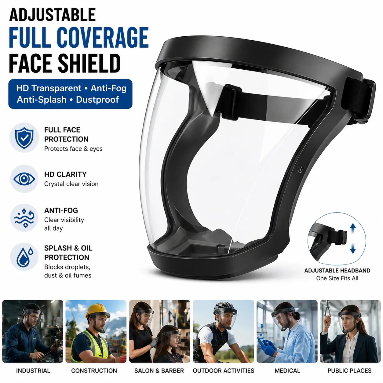 Adjustable HD Full Coverage HD gray lenses Face Shield - 1pc Transparent Plastic Protective Screen With Air Vent And Breathing Valve, Comfortable Silicone Padding, EHD Transparent Protective Mask, Droplet Dust Oil Fume Isolation Cover, Full Face Shield