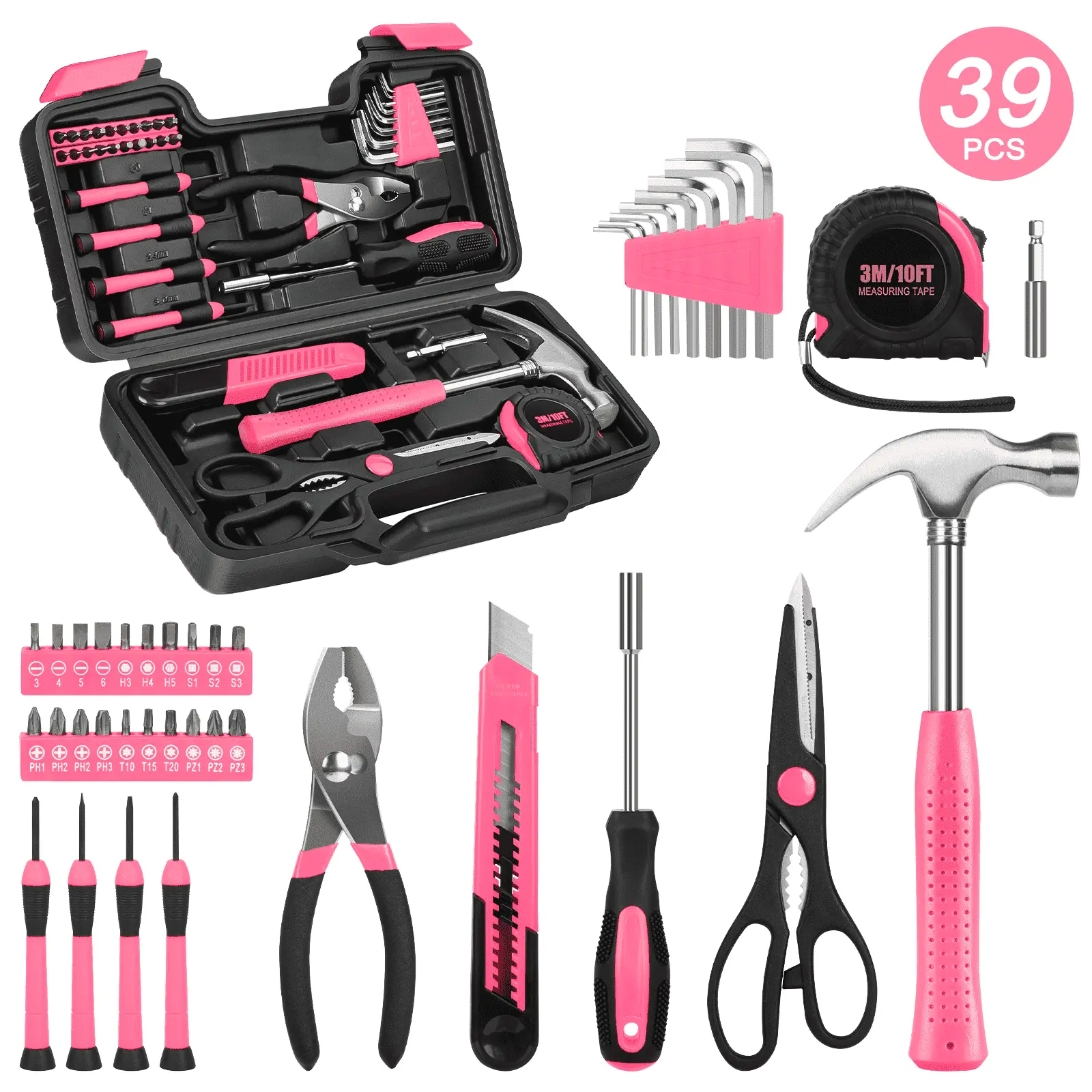 39 Piece Tool Sets All Purpose Household Tool Kit, General Basic Home Tool Set Case with Toolbox Great for Girls Ladies and Women, Household Hand Kit for Home Garage Office College Dormitory, Pink