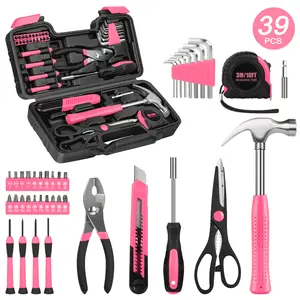 39 Piece Tool Sets All Purpose Household Tool Kit, General Basic Home Tool Set Case with Toolbox Great for Girls Ladies and Women, Household Hand Kit for Home Garage Office College Dormitory, Pink
