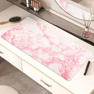 Makeup Mat for Vanity, Luxurious PU Leather Vanity Protector with Thickened Non-Slip Base, Easy to Clean, Waterproof Desk Pad for Vanity, Desktop, Nail Table, Pink, Marble Vein, 14" x 24"