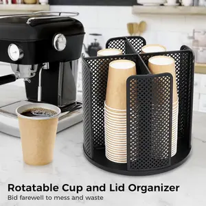Rotating Paper Cup Dispenser, Cup Holder with 4 Compartments, Disposable Coffee Cup Dispenser Removable, Plastic Cup Storage & Lid Holder for Countertops, Kitchen, Coffee Stations