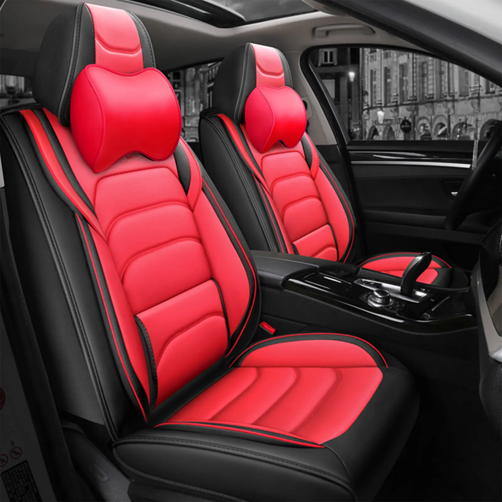 Red PU Leather Car Seat Protector 5 Seats Waterproof Full Coverage Universal 2 Headrests with Storage Pockets Seat Protectors Cushion Car Decor Gift Car Interior Accessories