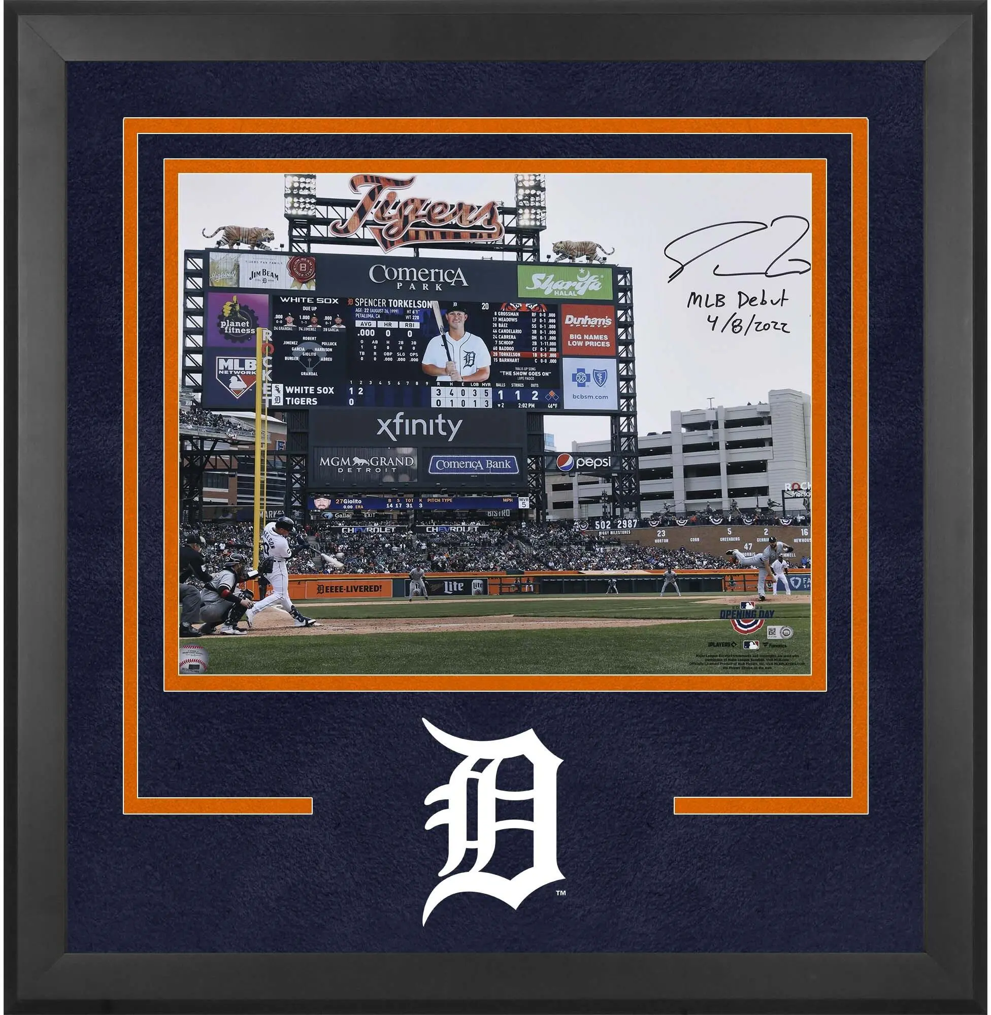 Spencer Torkelson Detroit Tigers Deluxe Framed Autographed 16" x 20" First At Bat Photograph with "MLB Debut 4-8-22" Inscription - Fanatics Authentic Certified