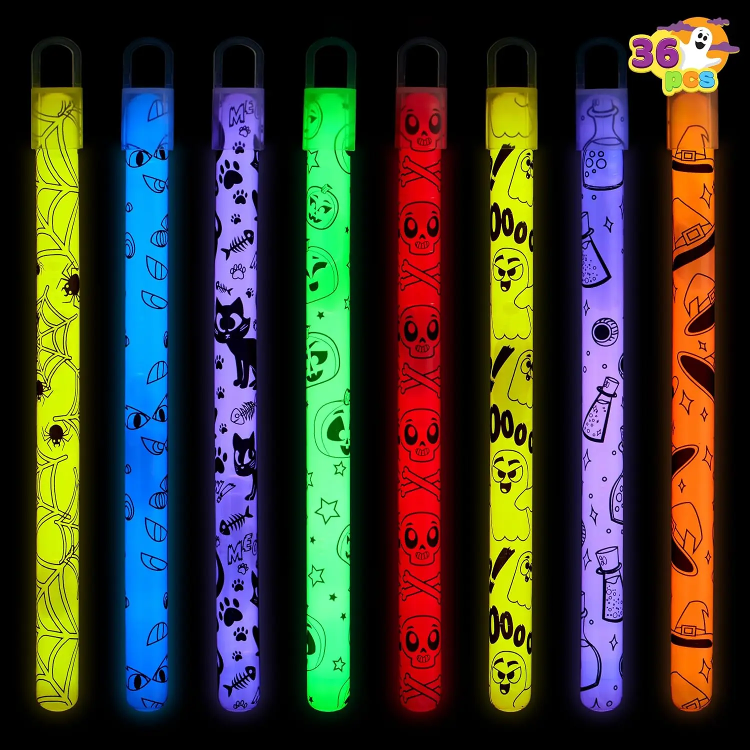 Halloween Fall Gift 36 Pcs Halloween Glow Sticks Bulk Party Pack, Hanging Wands in 8 Design, 6 Color Light Up Stick for Kid Glow in The Dark Halloween Party Favor Supplies, Goodie Bag Filler, Trick or Treating Gift