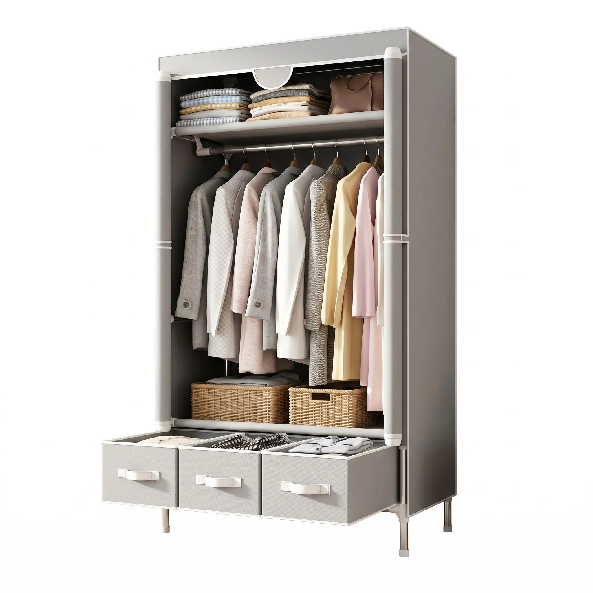 67" Gray Portable Wardrobe Closet with 3 Drawers, Non-Woven Fabric Clothes Organizer with Hanging Rod & Roll-Up Cover (No-Tool Assembly)