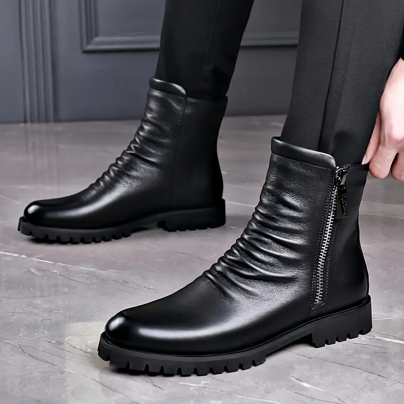 Men's Solid Designer Round Toe Synthetic Oxford Riding Boots - Rubber Material, Side Zipper, Comfy, Slip-Resistant, Casual, Durable Black Footwear