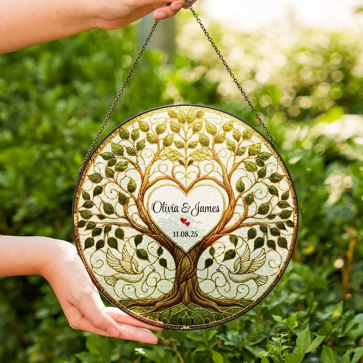 Wedding Tree Suncatcher Stained Glass Style, Personalized Wedding Gift for Bride & Groom