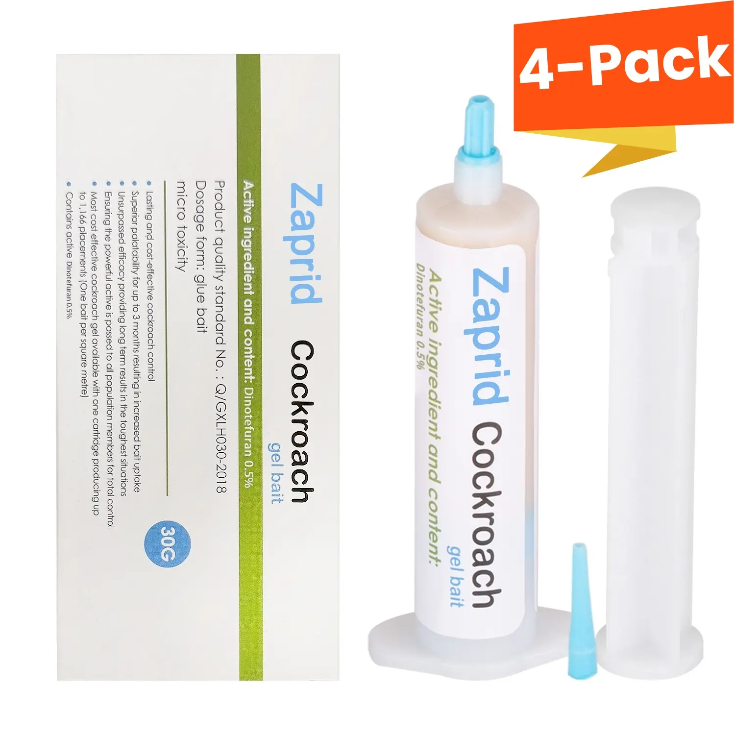 Zaprid Cockroach Gel Bait 30g Roach Killer for German & American Roaches with Plunger & Precision Tip Indoor Outdoor Pest Control 4-Pack