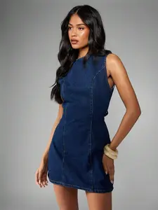 MISSGUIDED Sleeveless Fitted Shift Style Denim Mini Dress Back Tie Waist Detail