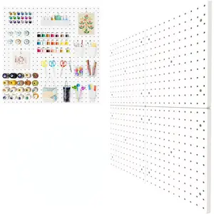 Peg Board, 4 Pack Plastic Pegboard, Pegboard Wall Organizer, White ABS Pegboard, No Drilling Required, 12 * 12inch, Suitable for Craft Room, Office, Garage and Kitchen