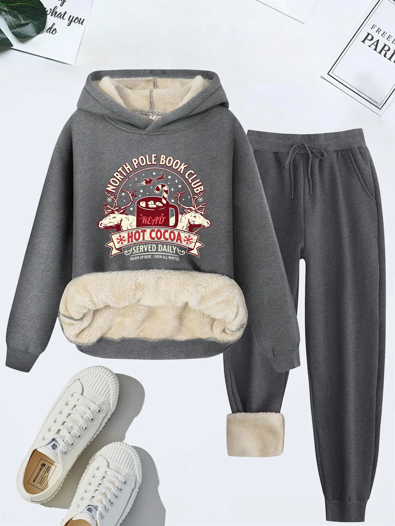 Two-Piece Set Women's Christmas Themed Letter Graphic Thermal Lined Hoodie & Drawstring Waist Sweatpants Set, Casual Loungewear Set, Casual Long Sleeve Hooded Sweatshirt & Pocket Jogger Pants, Ladies Fall & Winter Clothes