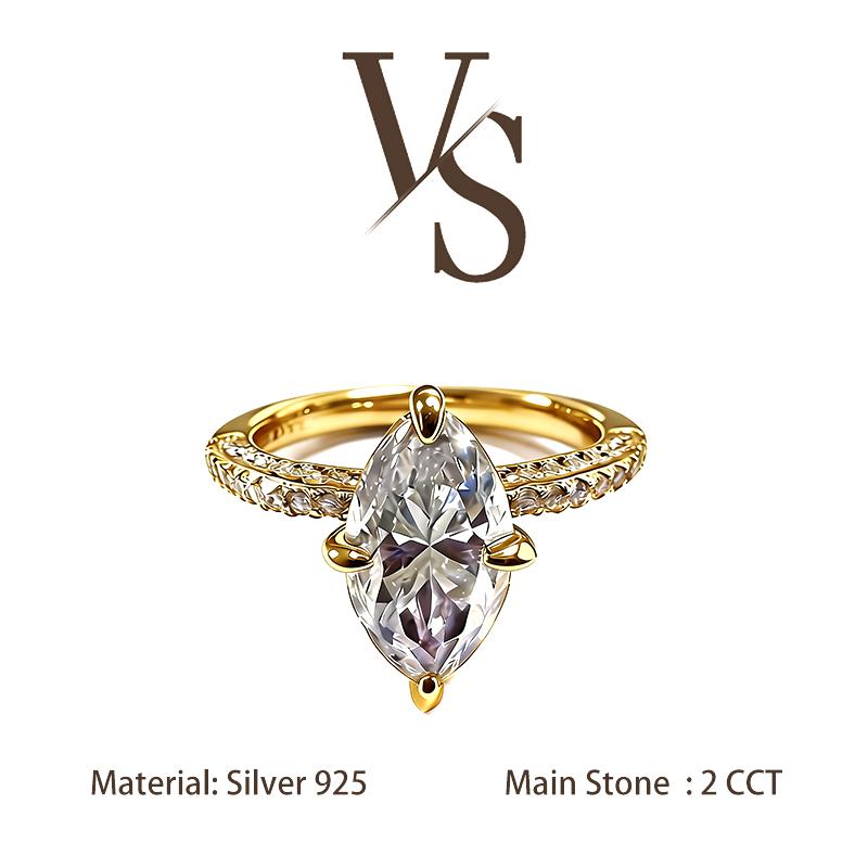 [Venus Jewelry] Synthetic Moissanite 2 CCT Marquise Cut Triple Luxury Regular Band VVS 1 D Color Solid Silver 925 Solitare Ring