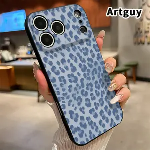 Blue Leopard Print Phone Case for  iPhone 17 Pro Max 16 Plus 15 14 13 12 11 Air XR E Liquid Silicone TPU Anti-Fall Ultra Slim Soft Bumper Cover for Girl