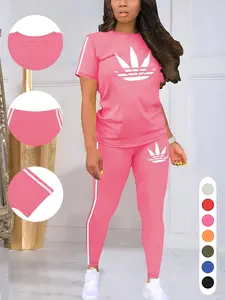 Women's Printed Casual Sporty Round Neck Drawstring Short Sleeve and Long Pants Two-Piece Set, Fitted Letter Pattern, Summer