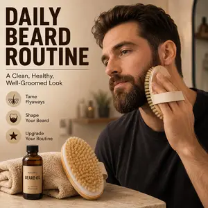 Natural Bristle Beard Brush for Men, Wooden Palm Beard Grooming Brush with Comfort Grip Strap, Soft Dense Bristles for Taming, Shaping, Exfoliating Skin & Distributing Beard Oil