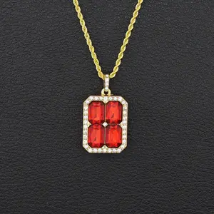 European American Streetwear Brand Diamond-Studded Square Ruby Necklace - Unisex Hip-Hop Pendant, Trendy Luxury Statement Piece for Men & Women